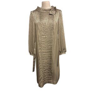 Vintage 1970s Beige Zebra Print Satin Sheath Dress Bow Detail Belted Waist Fundr